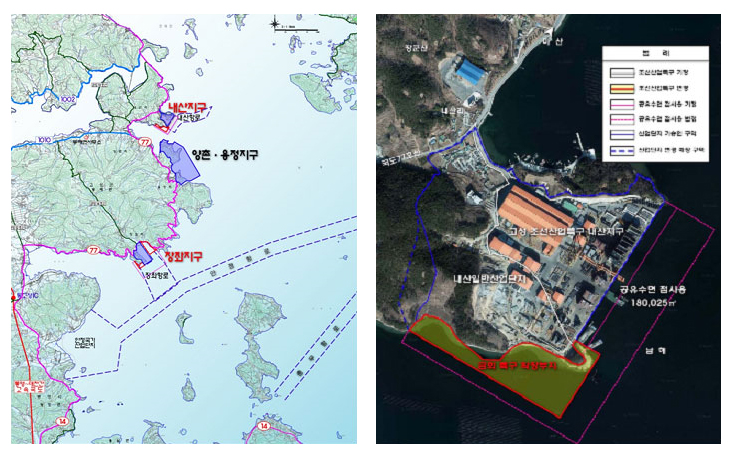 내산지구 지도와 조선해양산업특구 내사지구 항공모습(자세한 내용은 하단 내용 참조)