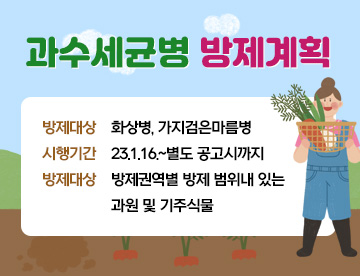 과수세균병 방제계획
방제대상: 화상병, 가지검은마름병

시행기간: 23년 1월 16일 ~별도 공고시까지

방제대상: 방제권역별 방제 범위내 있는 과원 및 기주식물