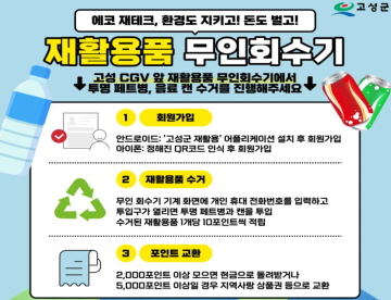 고성군
에코 재테크, 환경도 지키고 ! 돈도 벌고 !
재활용품 무인회수기 
고성 CGV 앞 재활용품 무인회수기에서 투명 페트병, 음료 캔 수거를 진행해주세요.

1. 회원가입 : 
안드로이드 : '고성군' 재활용' 어플리케이션 설치 후 회원가입
아이폰 : 정해진 QR 코드 인식 후 회원가입
2. 재활용품 수거
무인 회수기 기계 화면에 개인 휴대 전화번호를 입력하고 투입구가 열리면 투명 페트병과 캔을 투입, 수거된 재활용품 1개당 10포인트씩 적립
3. 포인트 교환: 2,000포인트 이상 모으면 현금으로 돌려받거나
5,000포인트 이상일 경우 지역사랑 상품권 등으로 교환