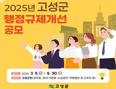 2025년 행정규제개선 공모
공모기간: 2025. 3. 5.(수) ~ 5. 30.(금)
참가대상: 고성군민
공모대상: 기업의 경영활동 제약 해소, 주민의 일상 불편 개선, 친환경신산업 분야 규제 합리화 등 우리 삶을 둘러싼 모든 규제 관련 개선안