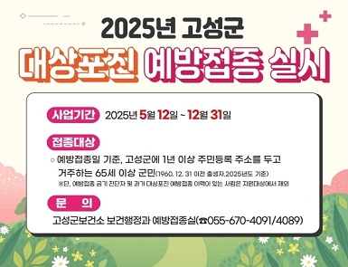 2025년 고성군 대상포진 예방접종 실시
기간: 2025. 5. 12. ~ 12. 31.
접종대상: 예방접종일 기준, 고성군에 1년 이상 주민등록 주소를 두고 거주하는 65세 이상 군민
문의: 보건소 보건행정과 예방접종실(055-670-4091)
