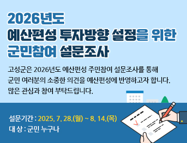 2026년도 예산편성 투자방향 설정을 위한
군민참여 설문조사
고성군은 2026년도 예산편성 주민참여 설문조사를 통해
군민 여러분의 소중한 의견을 예산편성에 반영하고자 합니다.
많은 관심과 참여 부탁드립니다.

설문기간: 2025. 7. 28.(월) ~ 8. 14.(목)
대 상: 군민 누구나